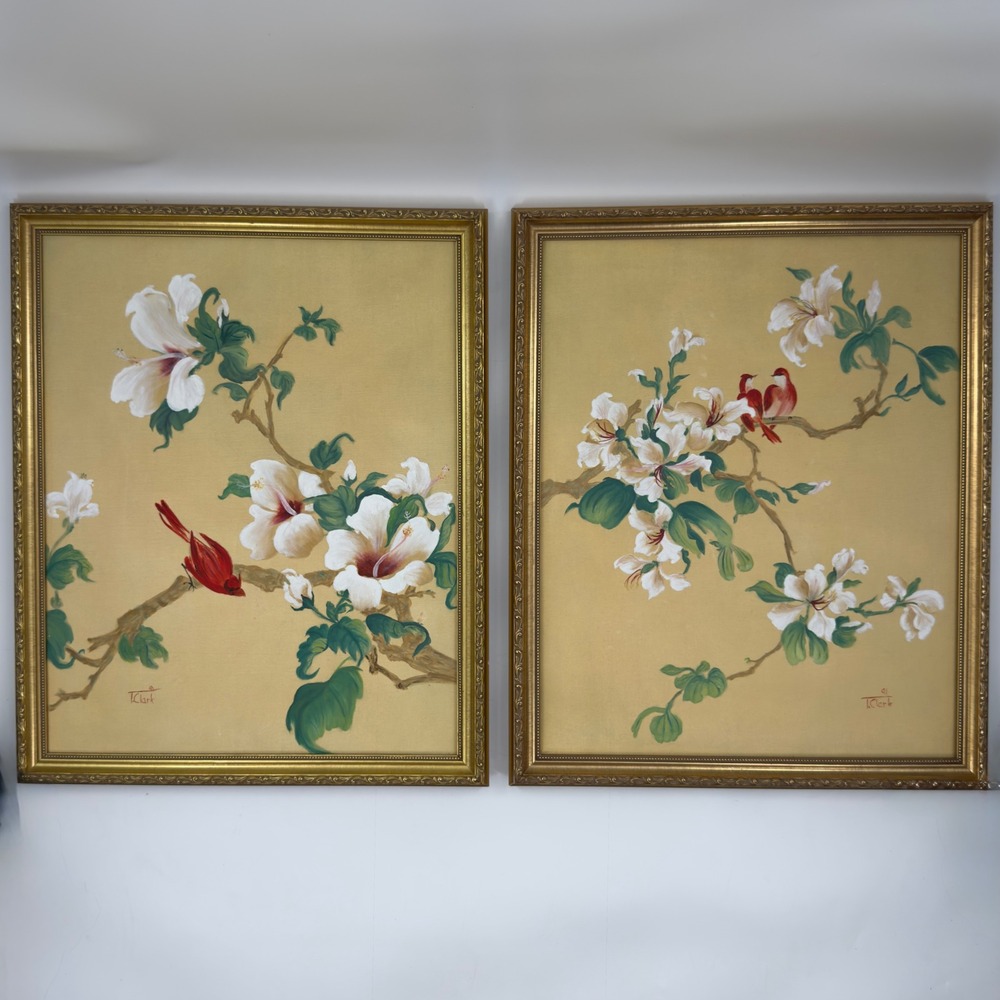 Vintage Original Hibiscus Bird Paintings Diptych Chinoiserie Gilt Frames